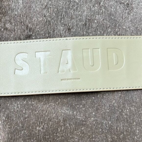 STAUD Wide Belt in Croc Effect Embossed Leather Butter Gold Tortoise Resin SM